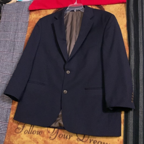 JOSEPH & FEISS Gold-men’s navy blue wool long sleeve triple-button suit jacket - Picture 3 of 11